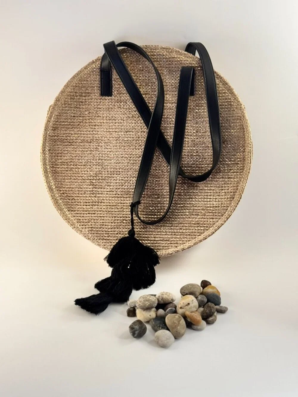 Express Gold Metallic Woven Straw Round Bag Black Tassel